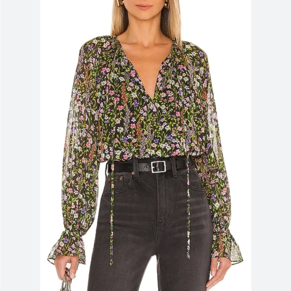 Amanda uprichard floral blouse orleans smocked waist ruffle wrist xs tie front